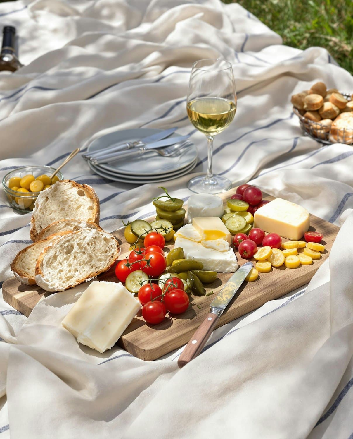Tábua com queijos, pão e azeitonas ao lado de um copo de vinho branco
